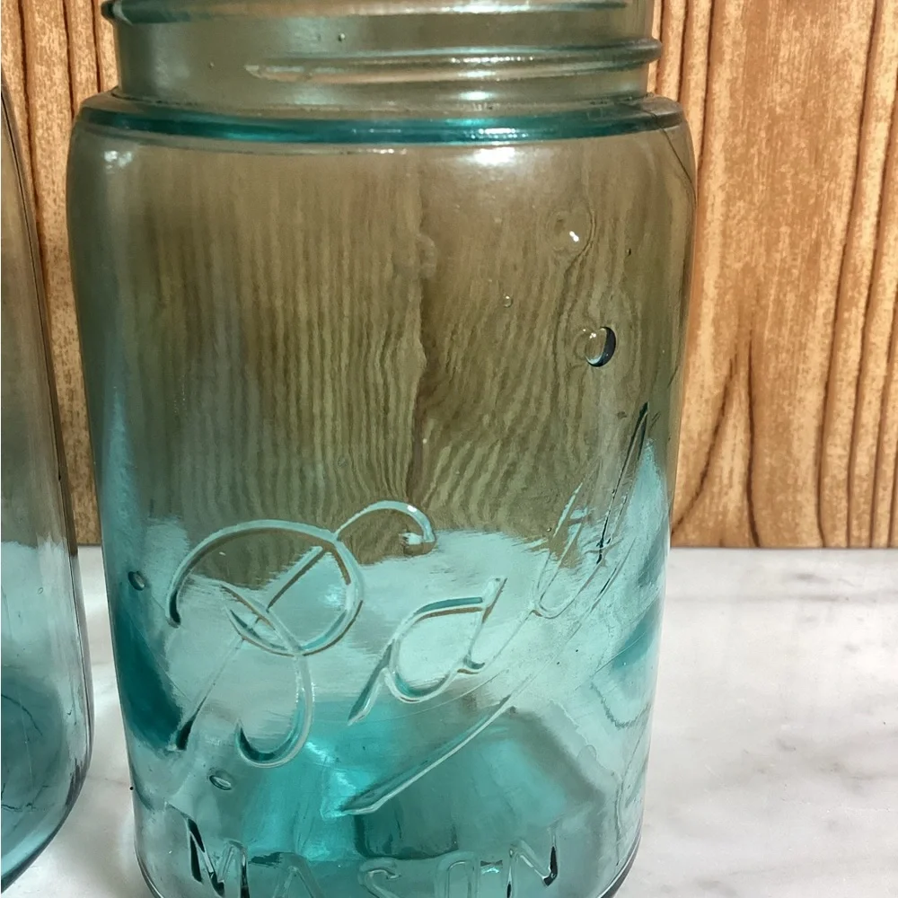 Antique 1900-1923 Ball Perfect Mason Quart Aqua Glass & 1 Pint